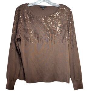 Adrianna Papell Pullover Sweater Women's XL L/S Brown Sequined Soft Knitwear